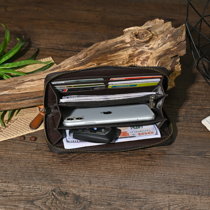 Men's Genuine Leather Carving Craft Retro Long Men's Wallets
