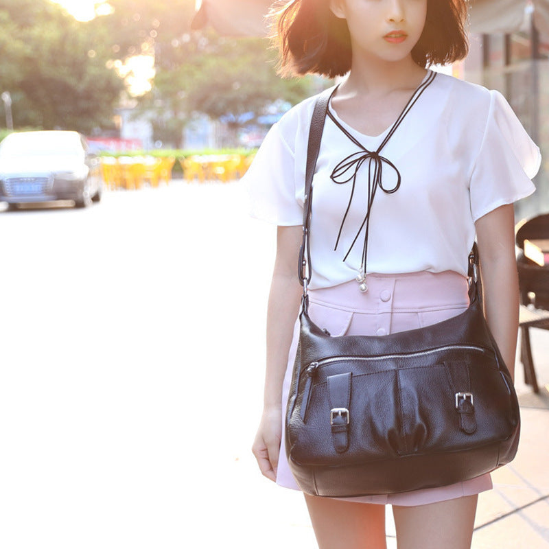 Women's Pleated Large Capacity Leather First Layer Handbags