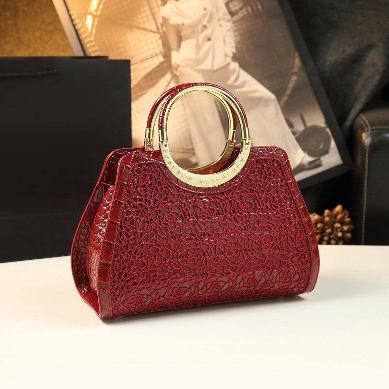 Women's Pattern Mother Grandma Soft Leather Large Handbags