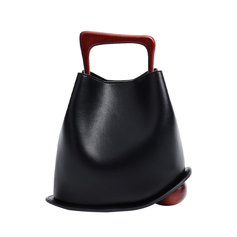 Women's Imported Cowhide Commuter Basket Wooden Portable Handbags