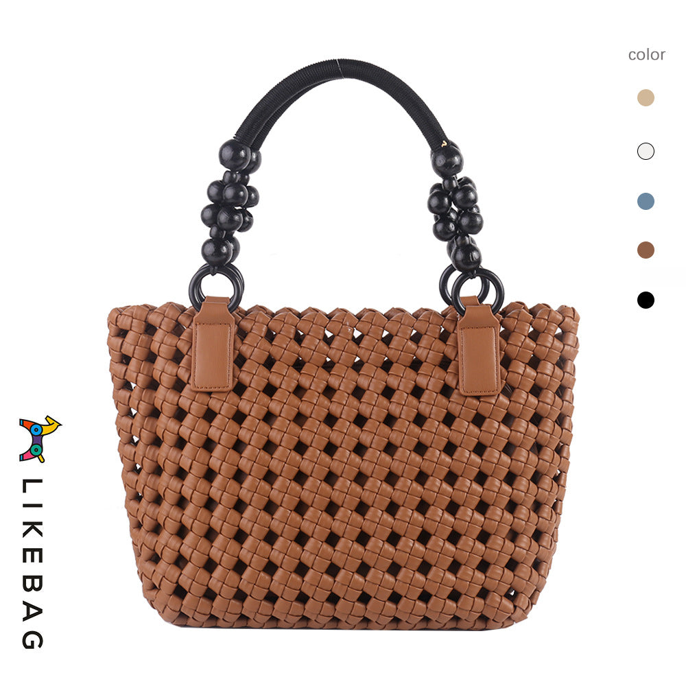 Women's Vegetable Basket Woven Portable Advanced Hollow Wooden Bead Handbags