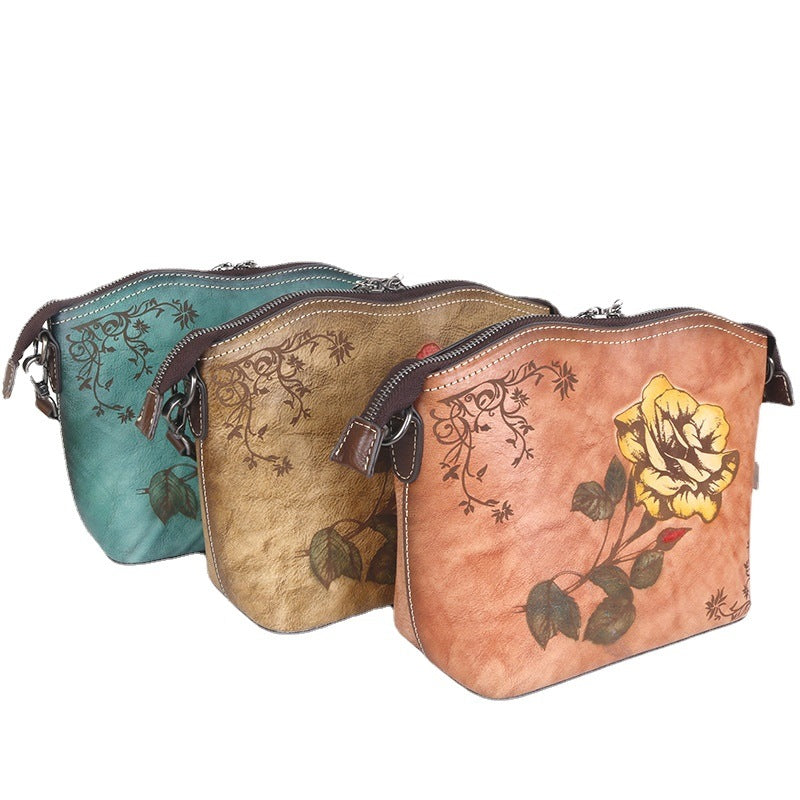 Women's Top Layer Leather Chinese Style Rose Shoulder Bags