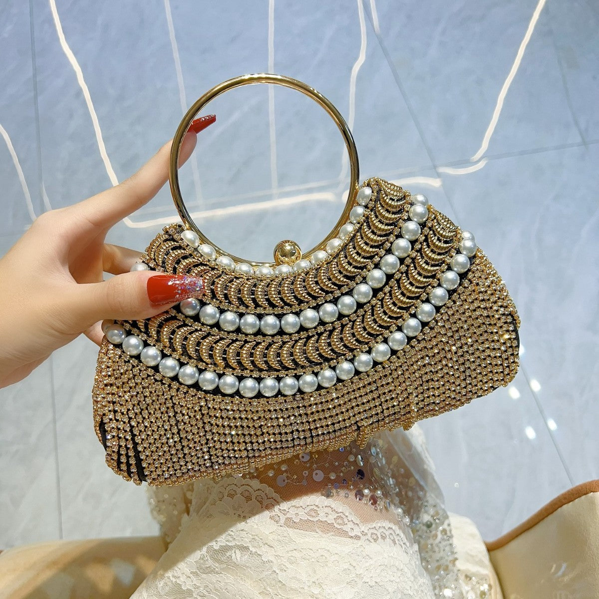 Women's Sier Shiny Luxurious Tassel Rhinestone Stitching Beaded Handbags