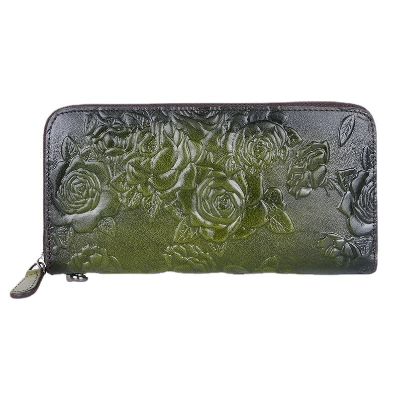 Women's Cowhide Retro Style Long Fashion Embossed Ladies Wallets