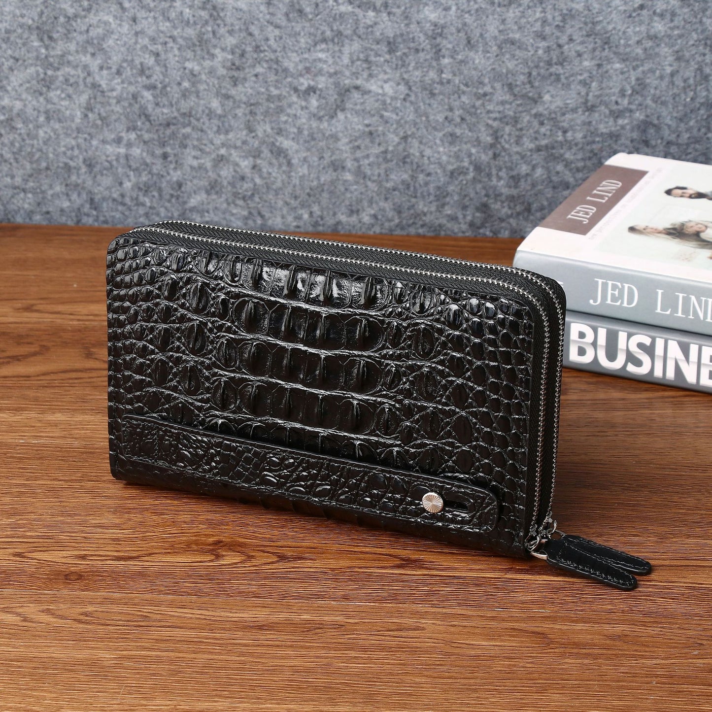 Men's Pattern Double Zip Clutch Multiple Slots Genuine Bags
