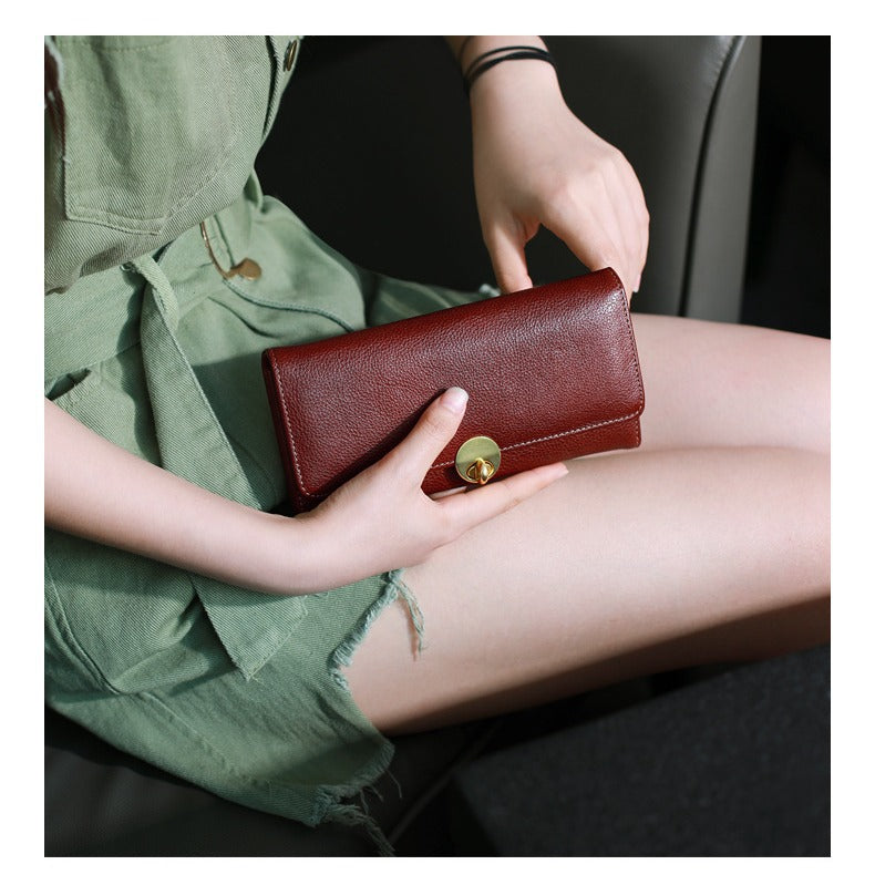 Women's Long Thin First Layer Cowhide Simple Lock