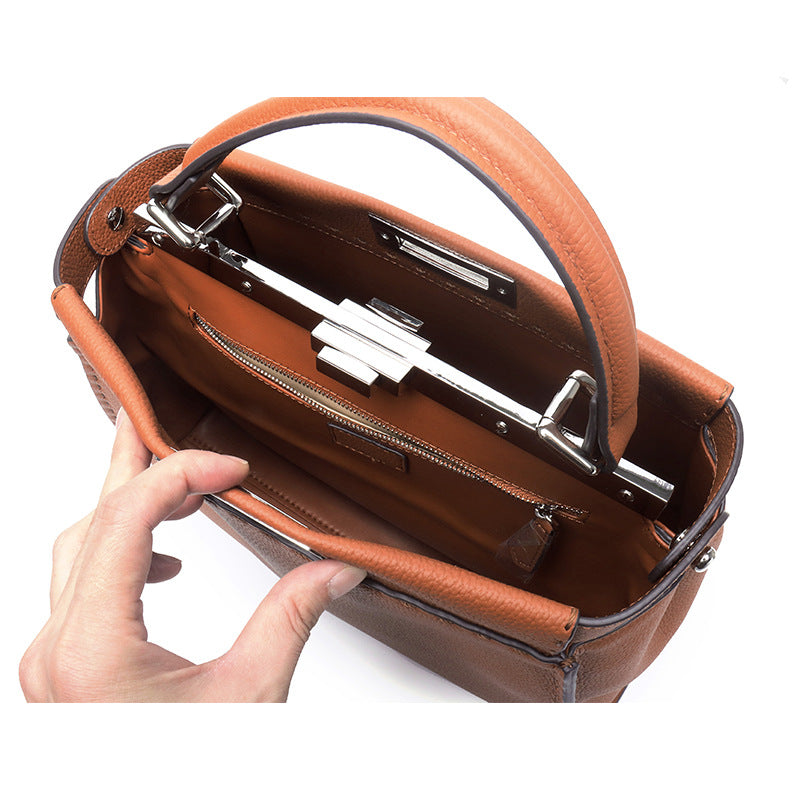 Lychee Pattern Metal Catch Genuine Leather Handbags