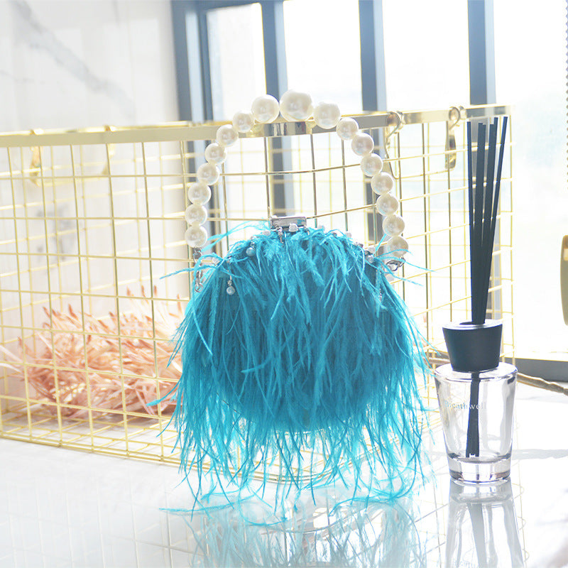 Women's Wedding Ostrich Hair Pearl Plush Fashion Handbags