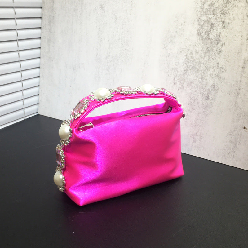 Women's Rhinestone Pearl Pillow Dinner Silk Lunch Handbags