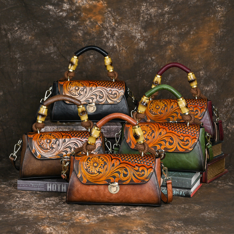 Women's Retro National Style Material Leather Carving Handbags