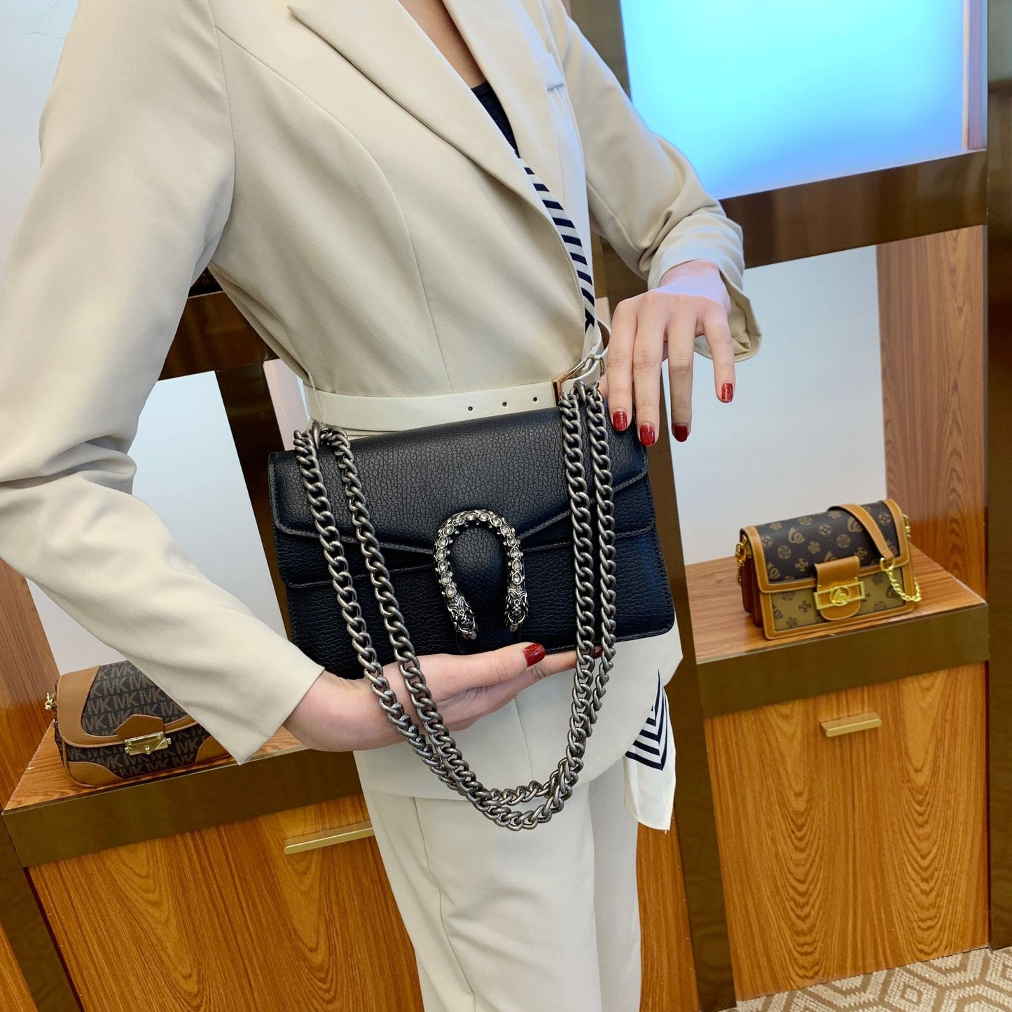 Women's Genuine Leather Dionysian Chain Design Underarm Arm Bags