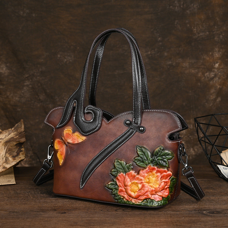 Women's Leather Retro Clutch Chinese Style First Handbags