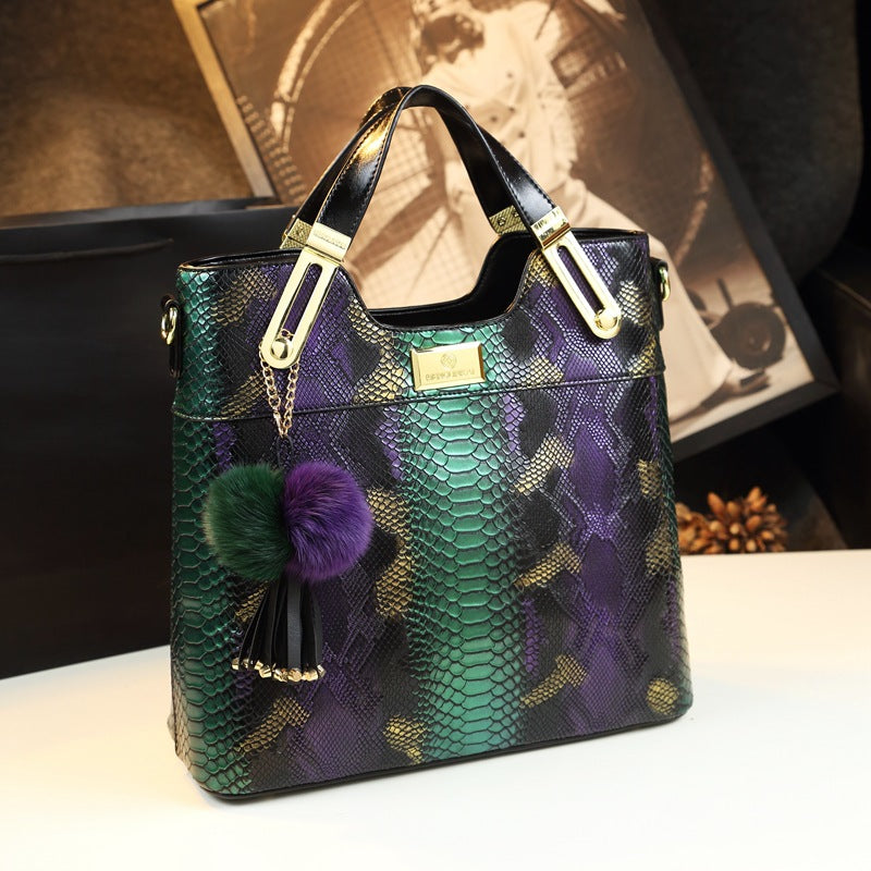 Women's Genuine Leather Snake Pattern Fashion Big Handbags