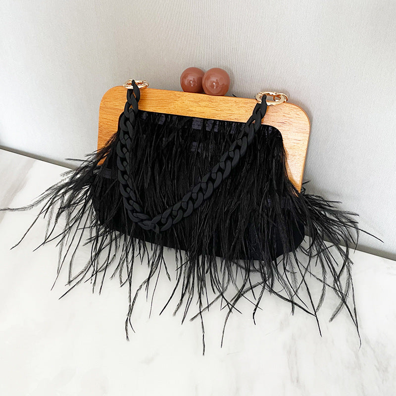 Women's Niche Acrylic Chain Furry Dinner Fluffy Underarm Ostrich Feather Bags