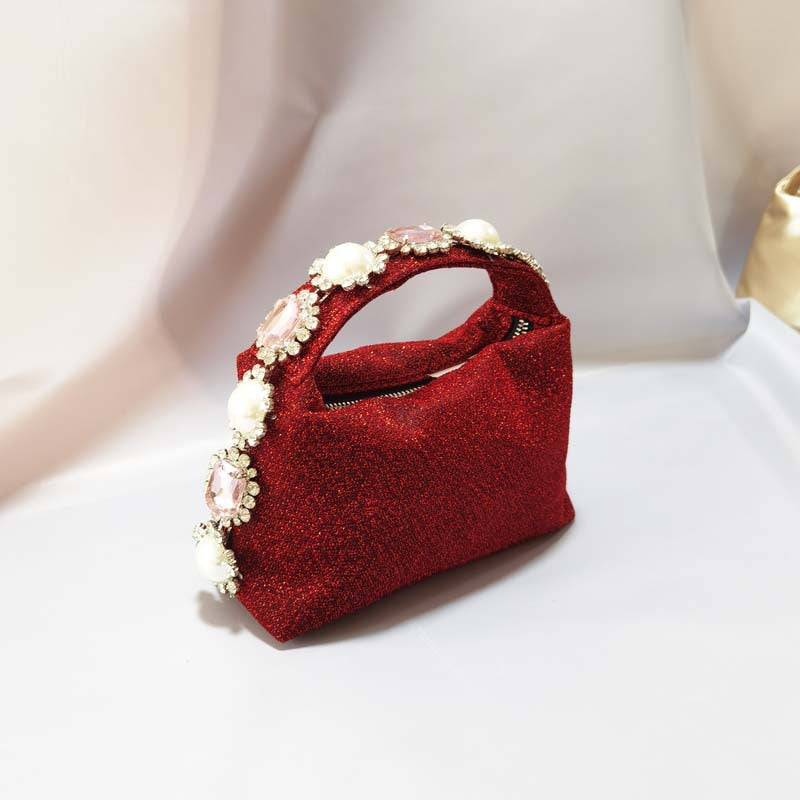 Women's Rhinestone Pearl Pillow Dinner Silk Lunch Handbags