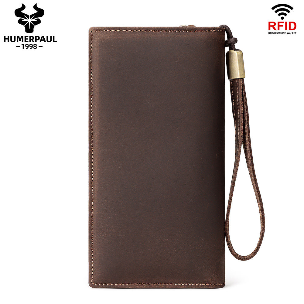 Men's First Layer Cowhide Drawstring Mobile Long Men's Wallets