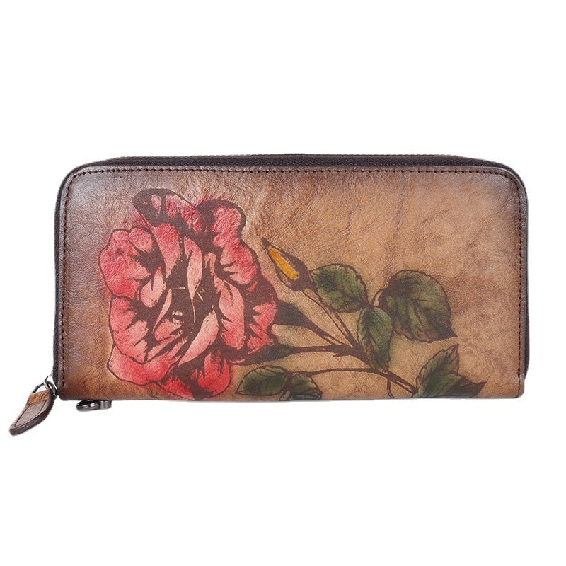 Women's Cowhide Long Zipper Printing Brushed Retro Ladies Wallets
