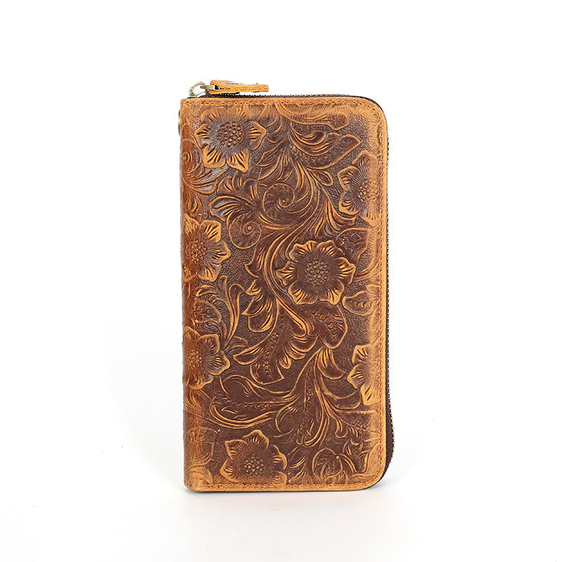 Men's Leather Zipper Retro Embossing First Layer Men's Wallets