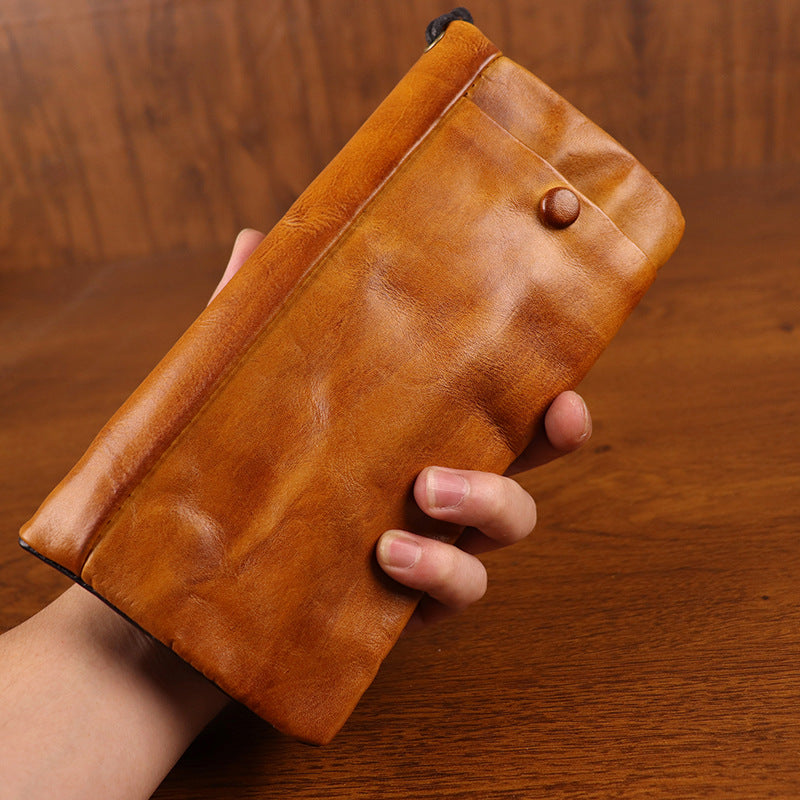 Men's First Layer Cowhide Hand-rub Color Distressed Long Zipper Card Holder