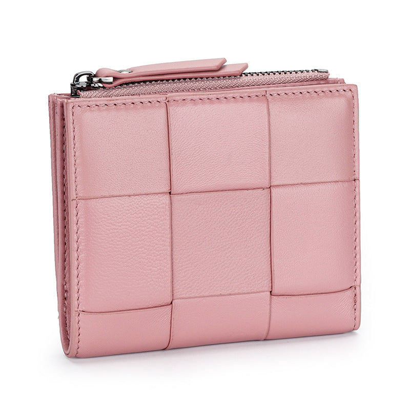 Women's Full Sheepskin Short Leather Hand-woven Folding Ladies Wallets