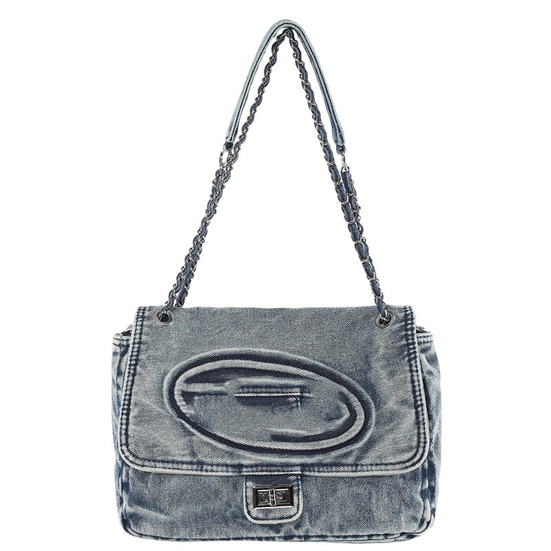 Women's Washed Denim Hobo Chain Jingle Large Crossbody Bags