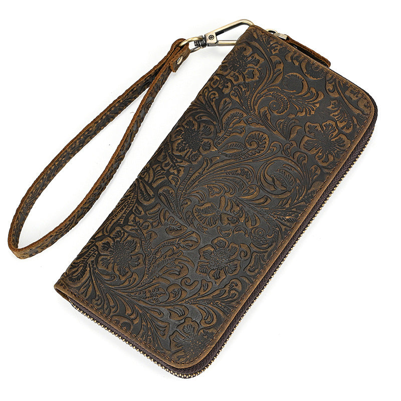 Men's Crazy Horse Leather Retro Embossing Fashion Long Men's Wallets