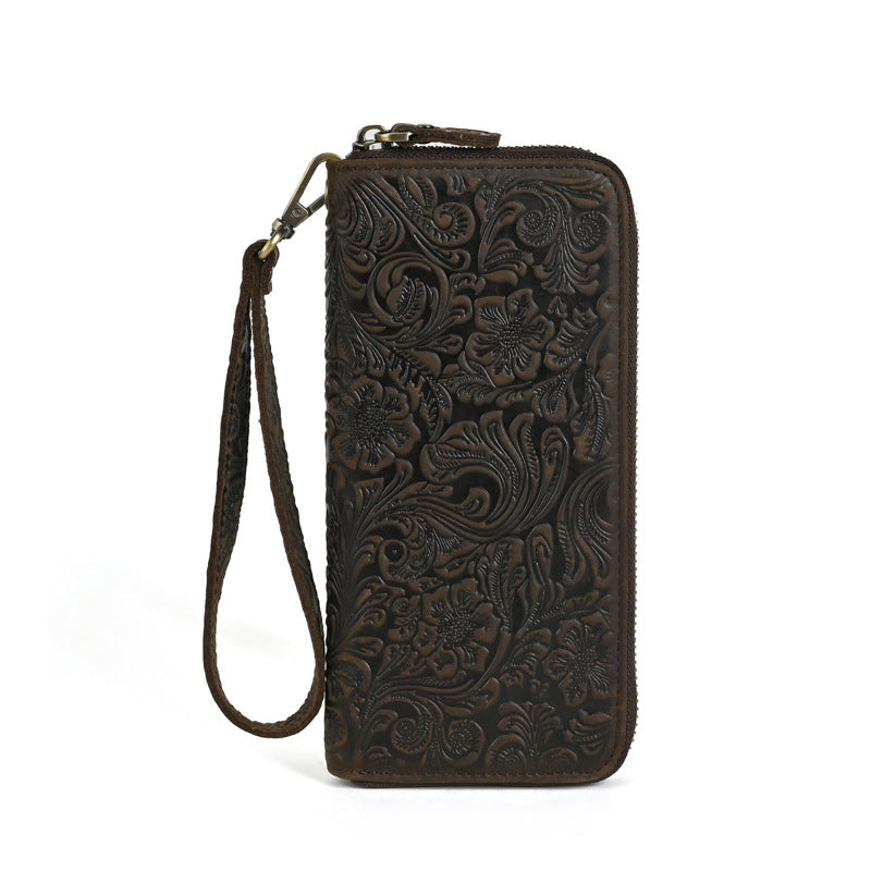Men's Leather Long Zipper Clutch Retro Embossing Card Holder
