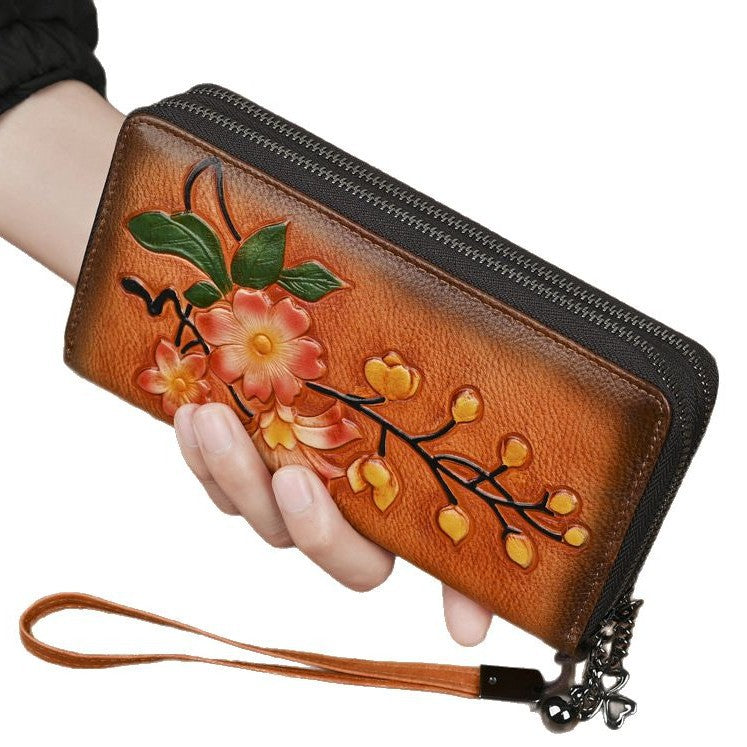 Women's Leather Double Zipper Long Embossed Hand-rub Color Ladies Wallets