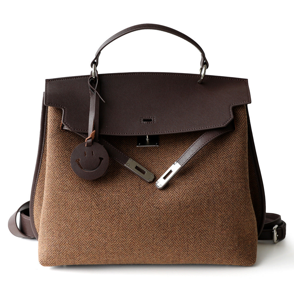 Women's High-grade Vintage Twill Canvas Stitched Cowhide Shoulder Bags