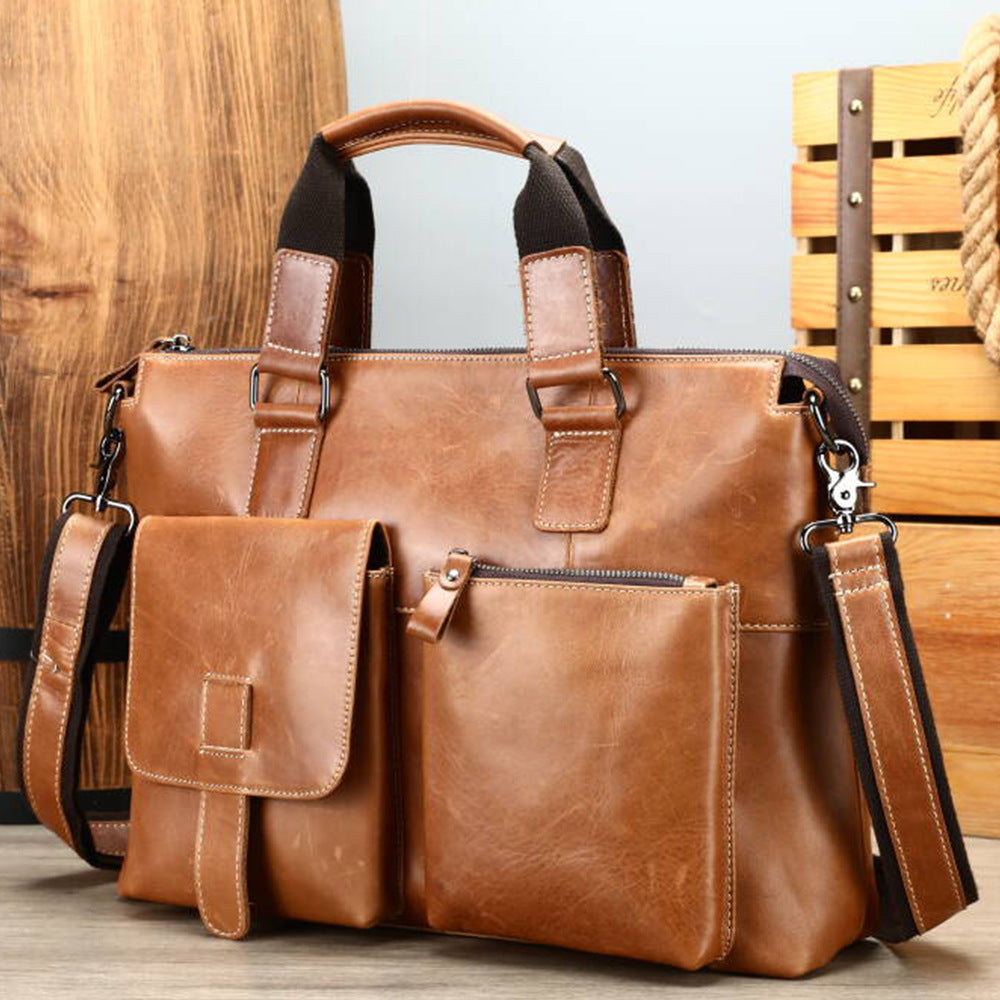 Men's Leather Vintage First Layer Business Inch Men's Handbags