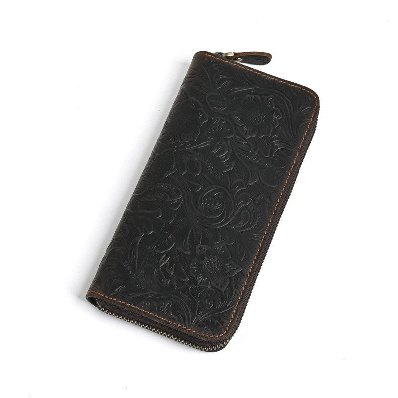 Men's Leather Long Zipper Clutch Retro Embossing Card Holder