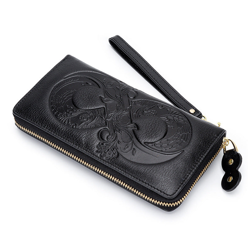 Women's Wax First Layer Cowhide Zipper Large Ladies Wallets