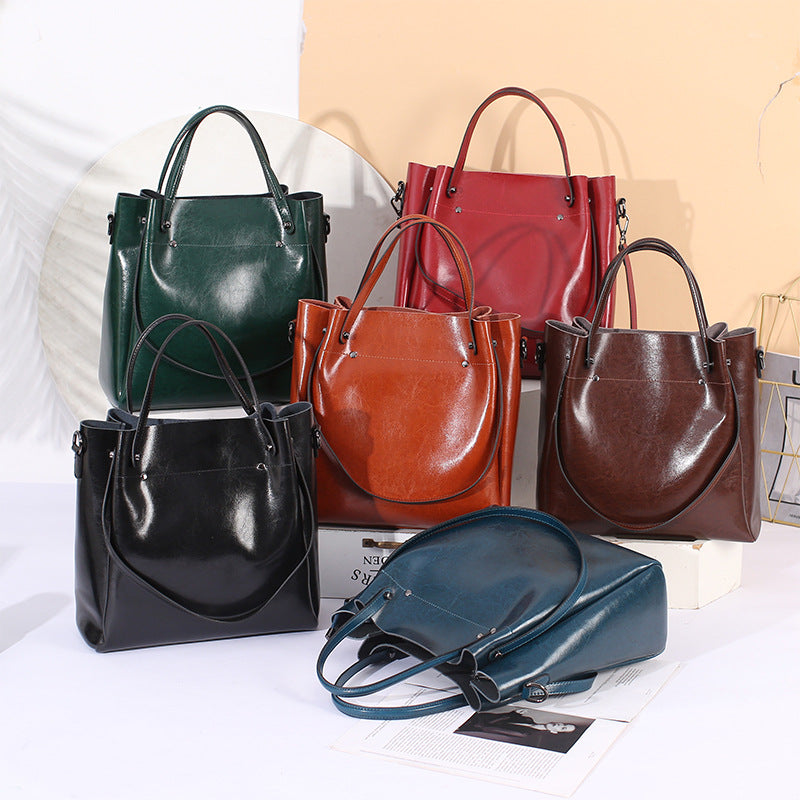 Women's Genuine Leather Oil Wax Simple Big Handbags