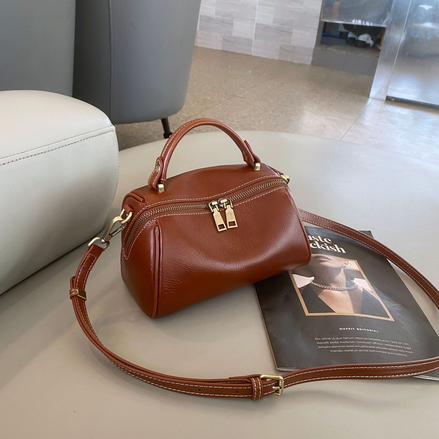 Women's Tanned Leather Cowhide One Lady's Fashion Portable Shoulder Bags