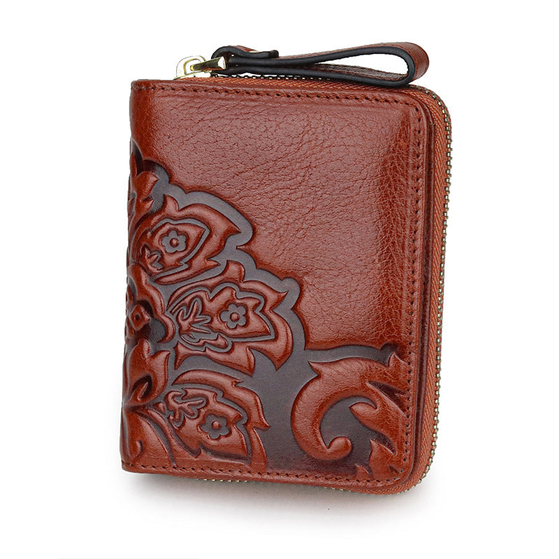 Women's One-piece Embossed First Layer Oil Wax Cowhide Short Ladies Wallets
