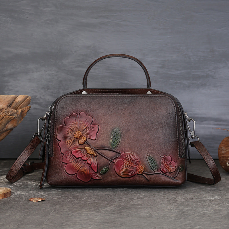 Women's Cowhide Vintage Pillow Artistic National Style Embossed Large Handbags