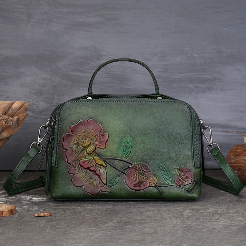 Women's Cowhide Vintage Pillow Artistic National Style Embossed Large Handbags