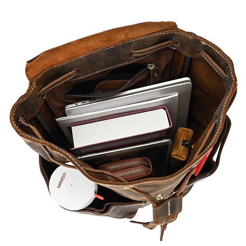 Men's Comfortable Leather Crazy Horse Flap Backpacks