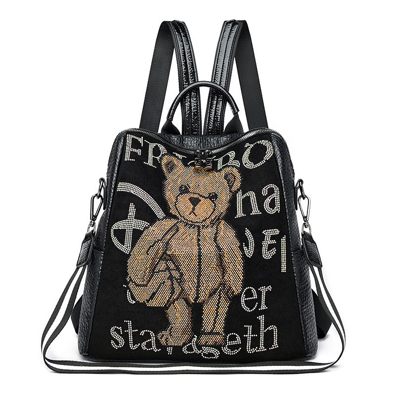 Women's Fat Bear Leather Trendy Embroidered Large Backpacks