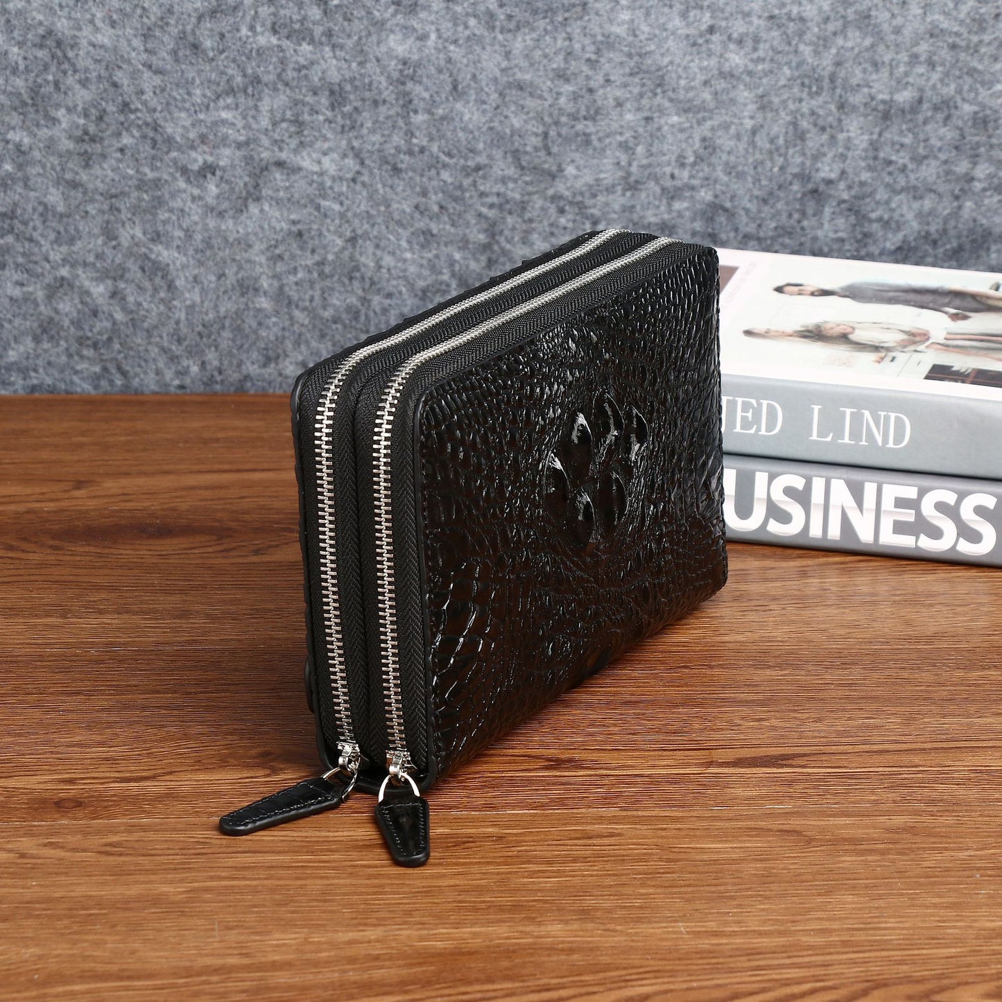 Men's Pattern Double Zip Clutch Multiple Slots Genuine Bags
