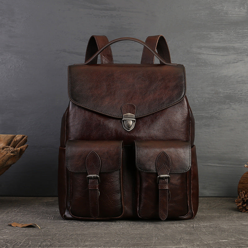 Men's First Layer Cowhide Leisure Retro Large Backpacks