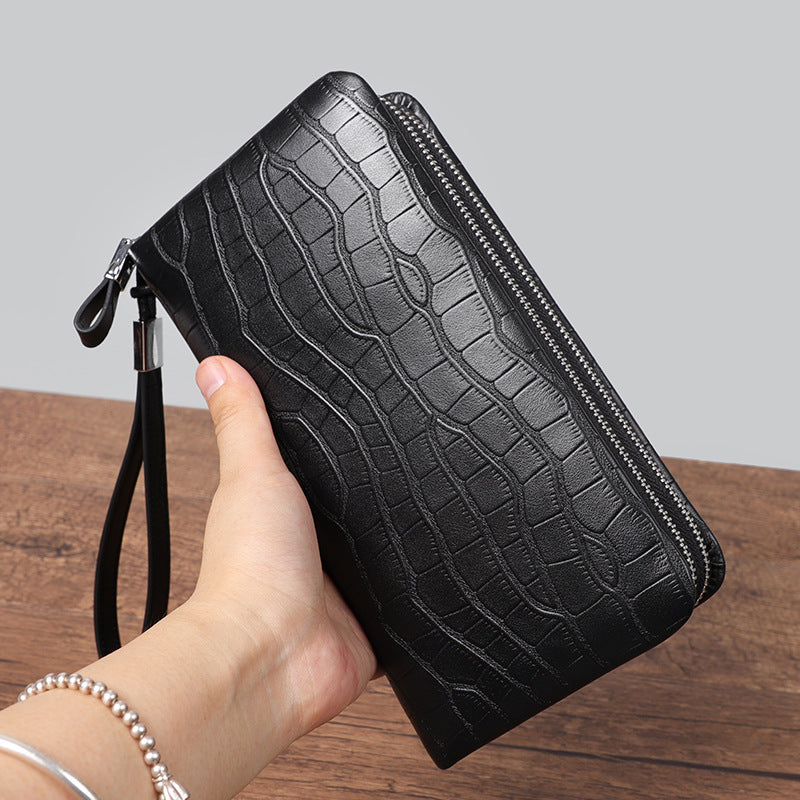 Men's Crocodile Pattern Man's Genuine Leather Double Zipper Long Multiple Men's Wallets