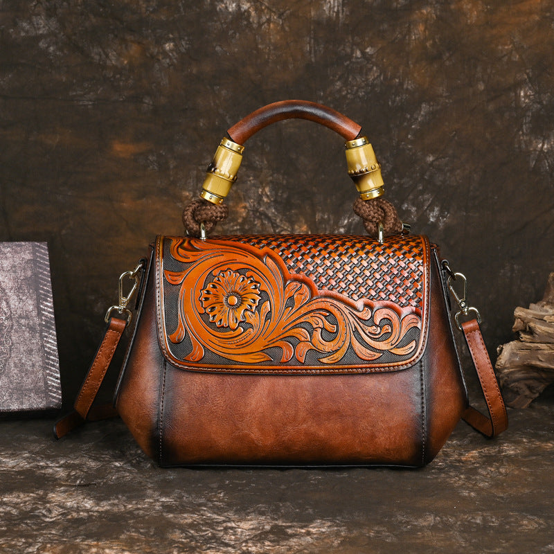 Women's Retro National Style Leather Carving Craft Handbags