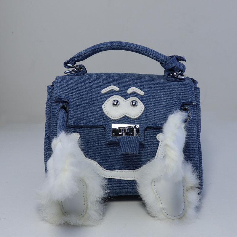 Women's Monster Eyes Smiley Face Eyebrow Real Rabbit Fur Handbags