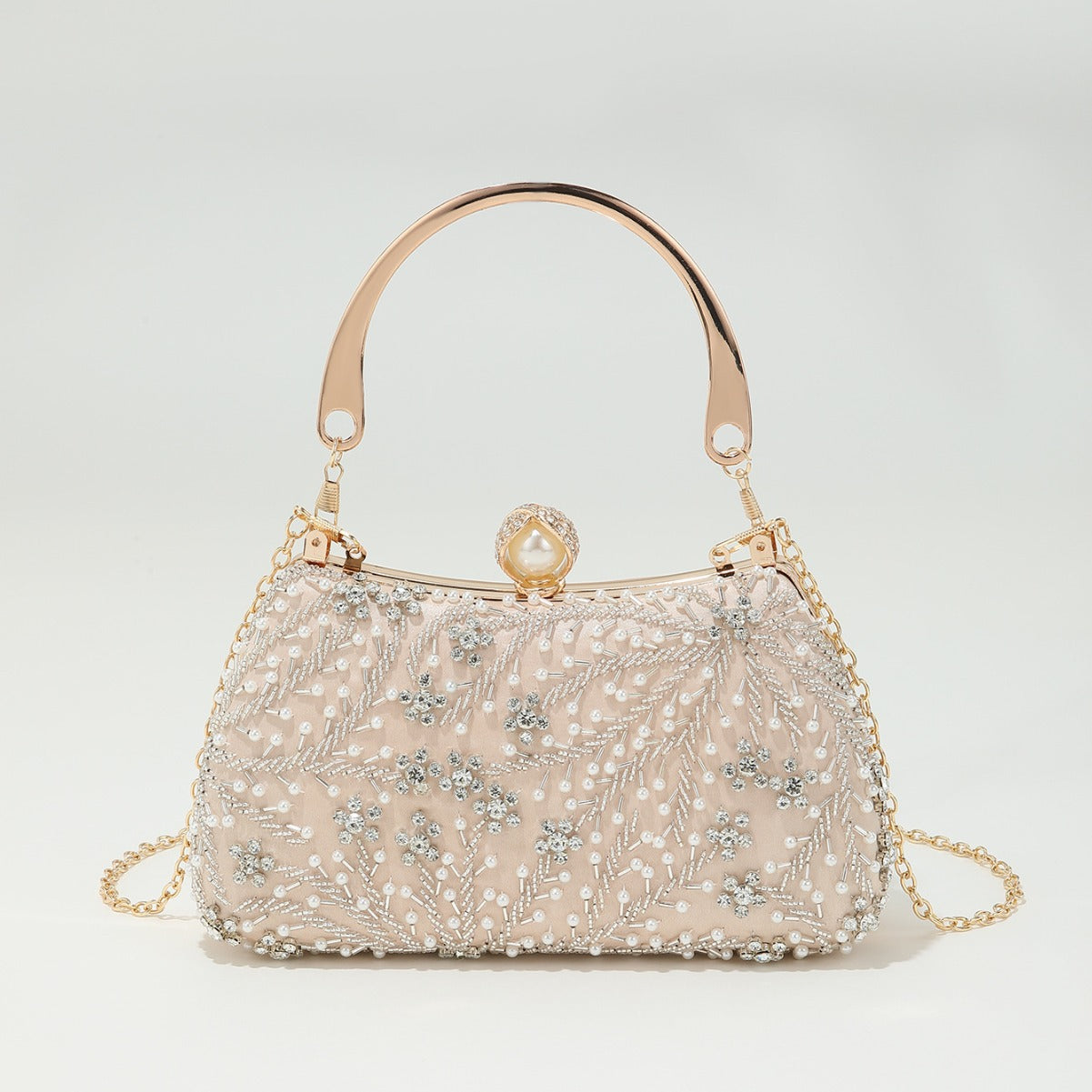 Retro Handmade Pearl Embroidery Stringed Pearls Rhinestone Portable Wedding Evening Bags