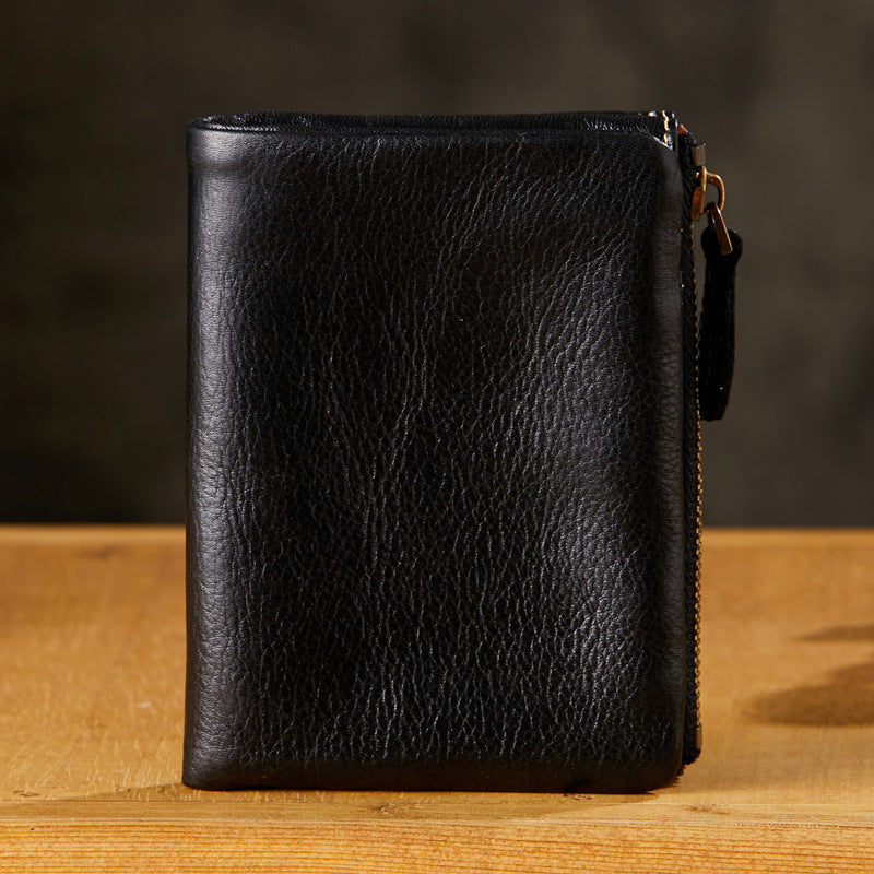 Men's Short Genuine Leather Vertical Zipper Green Individual Men's Wallets