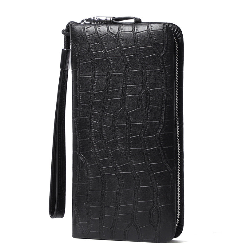 Men's Crocodile Pattern Man's Genuine Leather Double Zipper Long Multiple Men's Wallets