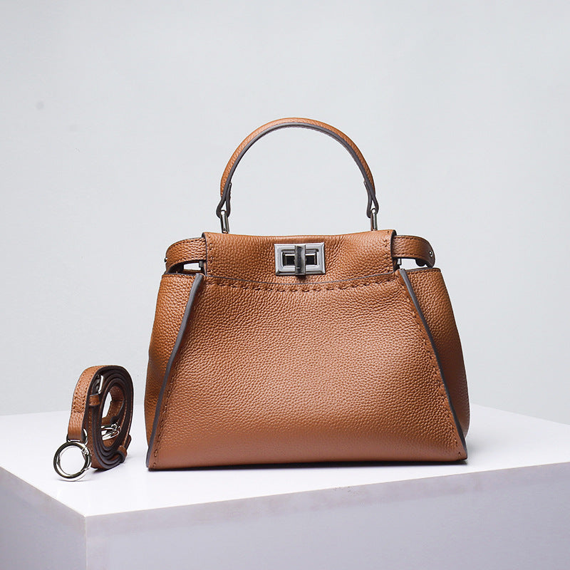Cowhide Imported Lychee Pattern Metal Catch Genuine Handbags