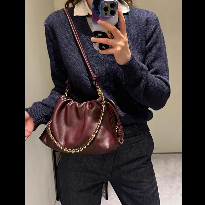 Women's Lucky Soft Cowhide Clutch Drawstring Genuine Shoulder Bags