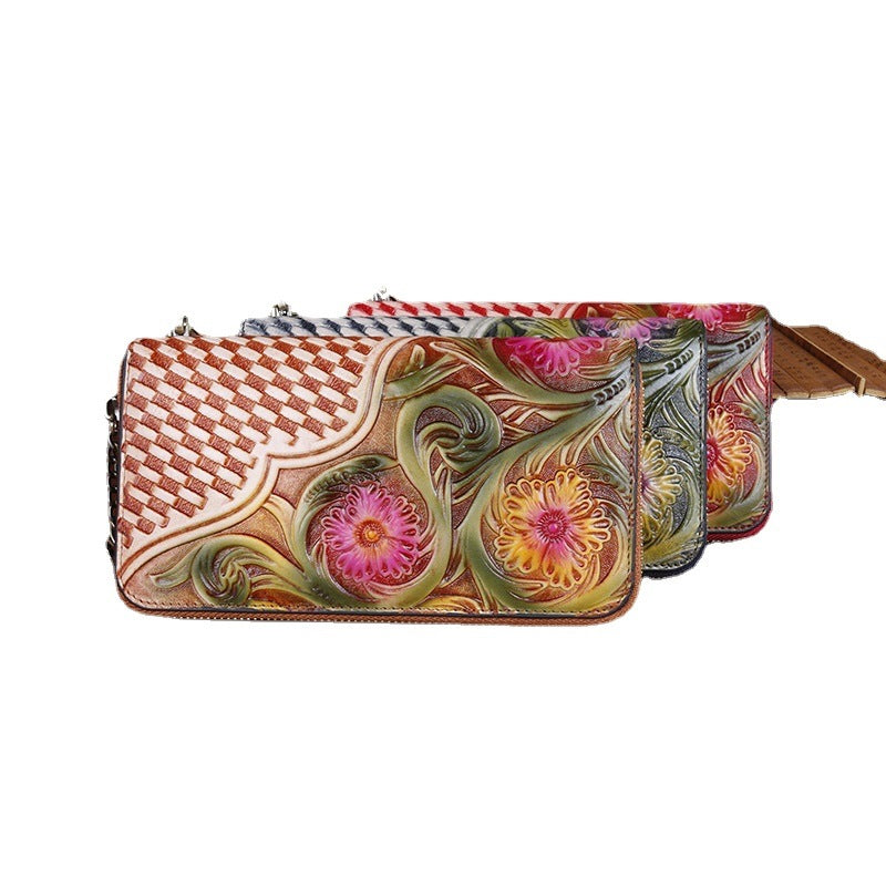 Women's Genuine Leather Vintage Carving Cowhide Multiple Ladies Wallets
